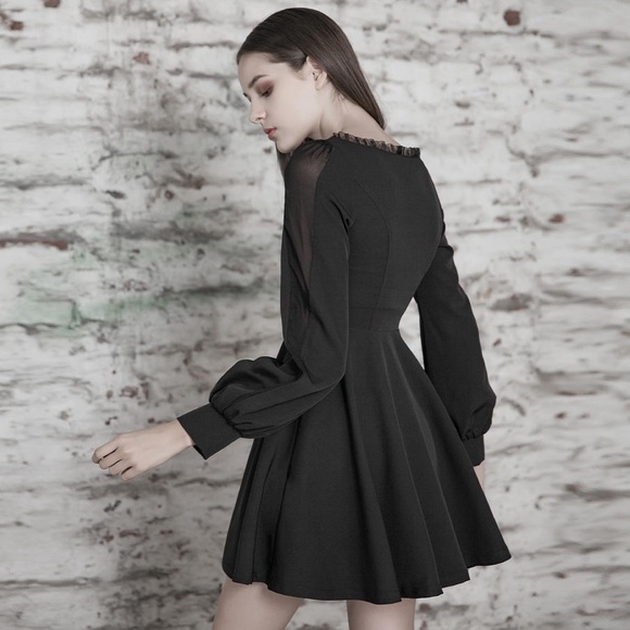 Punk Rave NEW Sexy Goth Long Sleeve Lace-Up A-Line Dress Black Square Neck Small - Picture 16 of 16